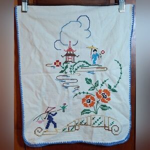 Vintage Hand Embroidered  Asian-Inspired Table Runner or Dresser Scarf